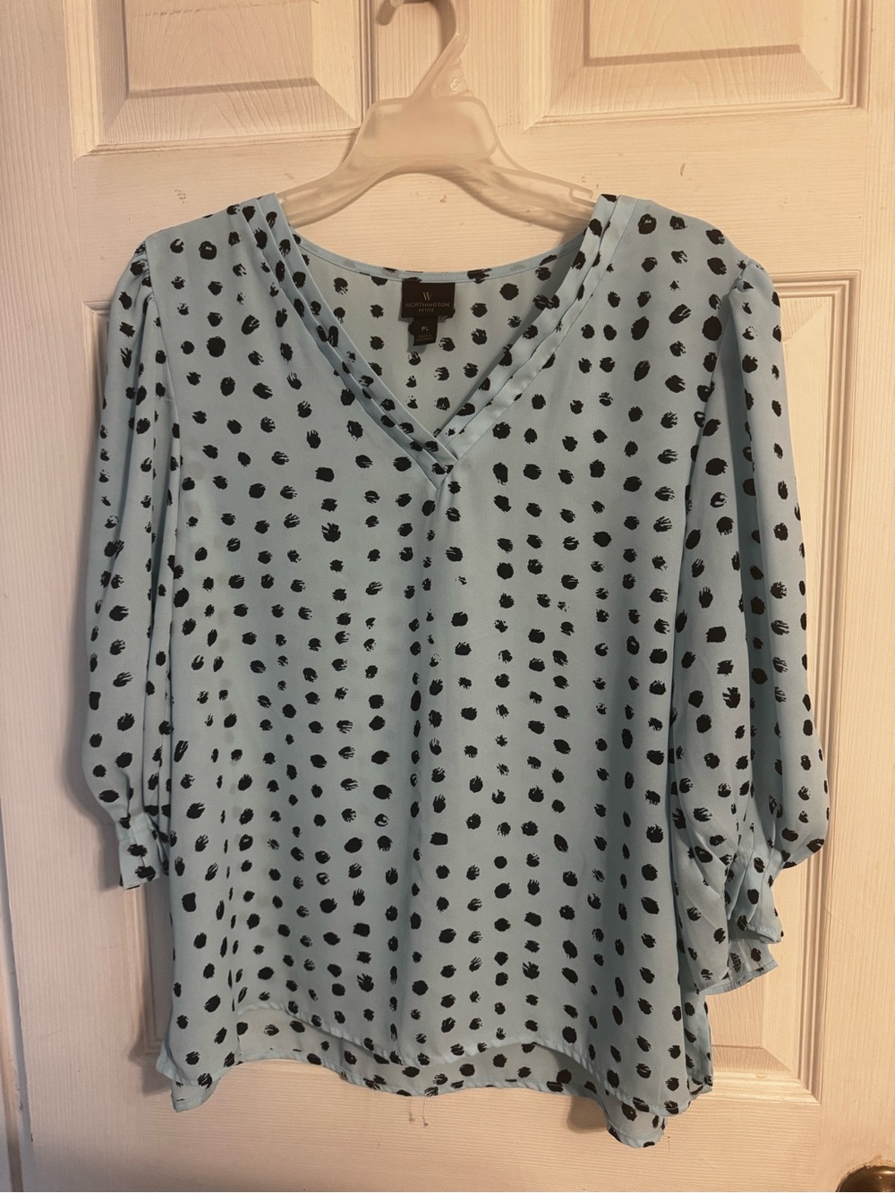 Worthington Petite Blue Black Print V-Neck Blouse PL